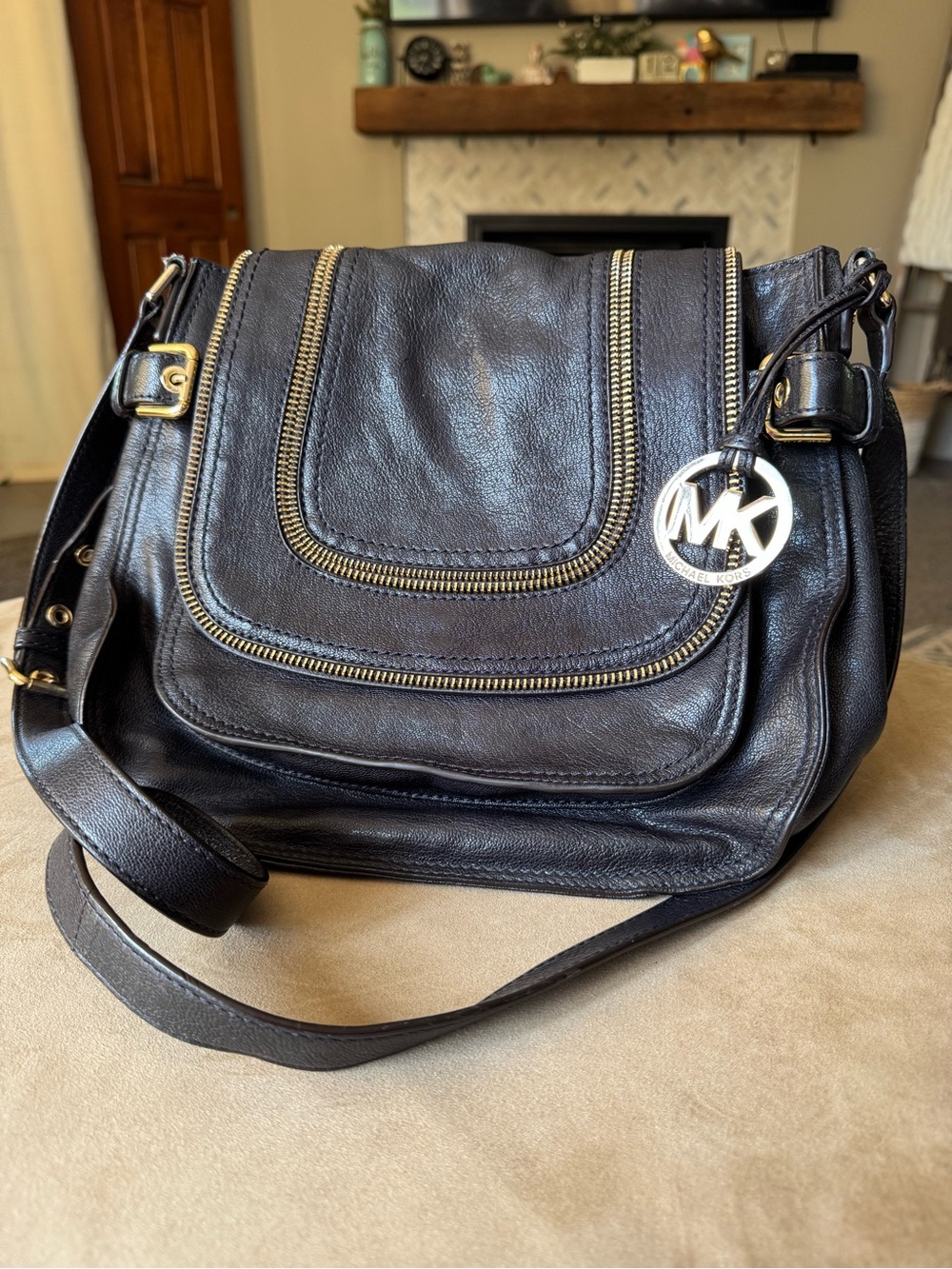Michael Kors Black Leather Crossbody with Gold Hardware